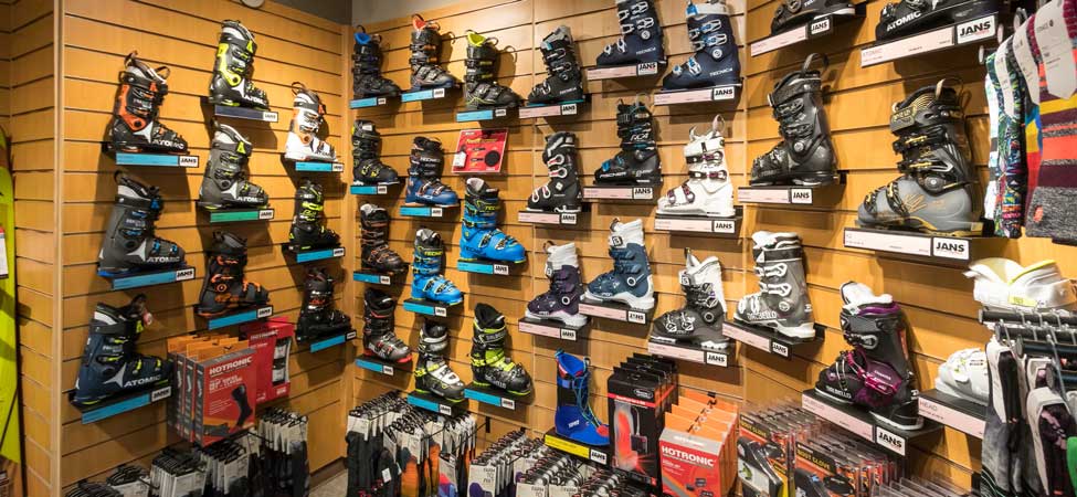 Ski boot display wall at Jans’ Park Avenue location.