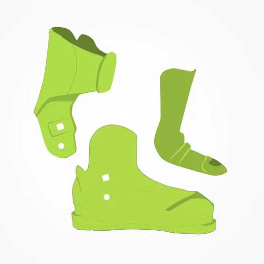 A three-piece shell design of a Dalbello ski boot.