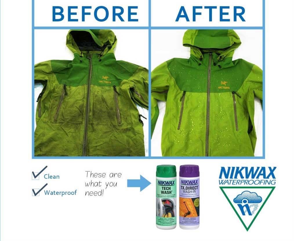 A before of an Arc’teryx jacket that is dirty and not waterproof compared to an after photo of the same jacket that was washed using Nikwax and is now clean and waterproof.