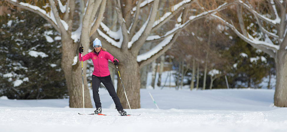 Nordic skier wearing a pink jacket skates by snow-covered trees