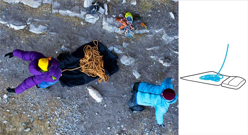Climbers demonstrating how to keep a rope off the ground whenever possible while stretching before a climb. Image courtesy of Petzel.