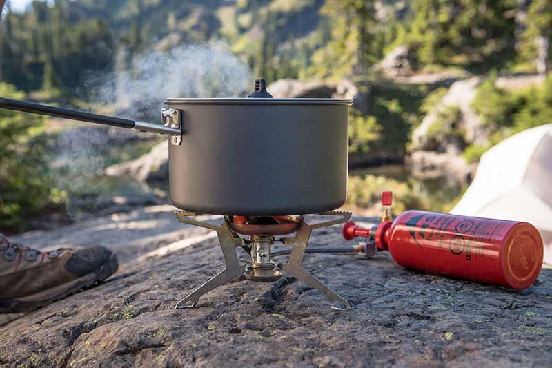 A liquid-fuel backpacking stove with a pressurized tank. Image courtesy of MSR.
