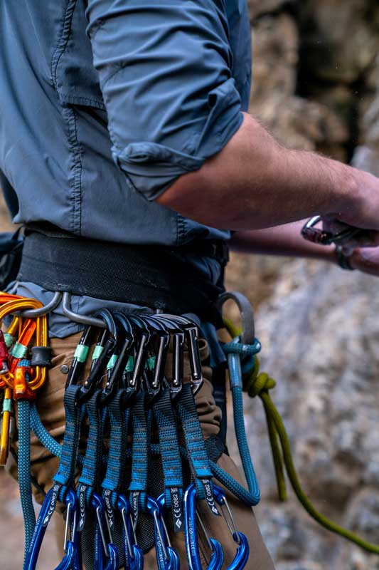 Jans expert racks his quickdraws for a sport climb in Big Cottonwood Canyon, Utah.