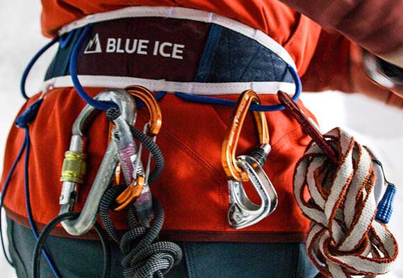 A climber in a lightweight mountaineering harness. Image courtesy of Blue Ice.