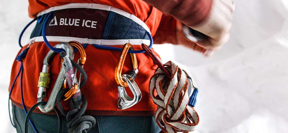 A climber in a lightweight mountaineering harness. Image courtesy of Blue Ice.