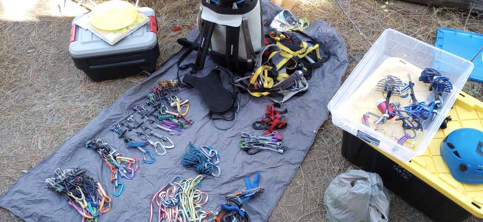 Rock climbing gear being prepared for a long route
