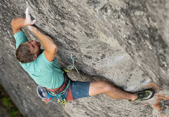 Professional climber Tommy Caldwel demonstrating technical edging in his signature La Sportiva TC Pro climbing shoes. Image courtesy of La Sportiva.