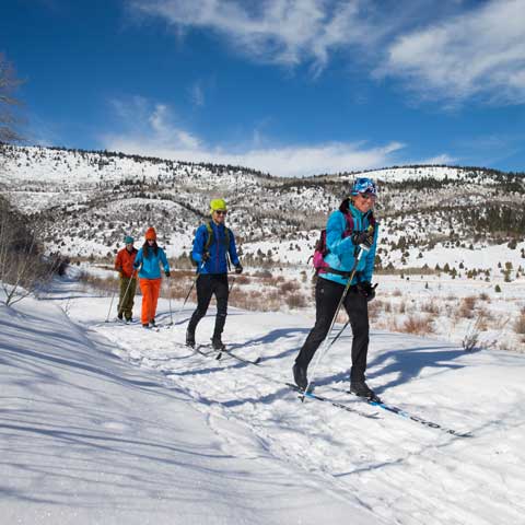 A cross country ski tour guide and group break trail in the Uinta mountains near Park City, Utah.