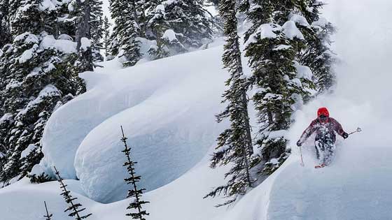 A skier sends a steep line through powder pillows. Image courtesy of Atomic.