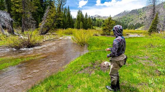 An angler casts into a river during high-water conditions in northern Utah.